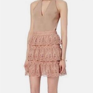 Self-Portrait lace guipure ruffled mini skirt in dusty rose.